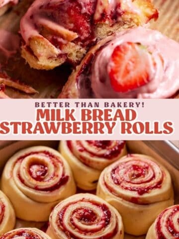 Strawberry milk bread rolls pinterest pin with text overlay.