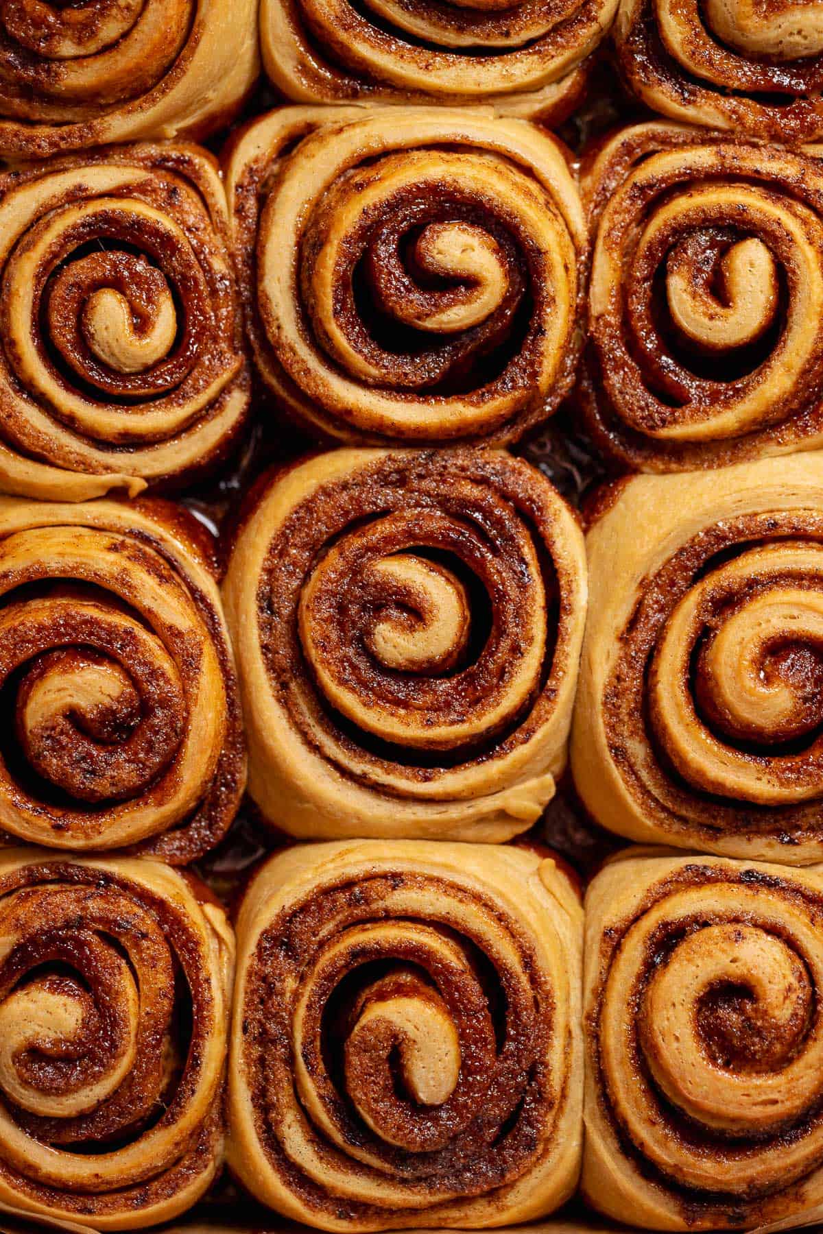 Freshly baked cinnamon rolls with coffee brown sugar filling before frosting, showing tight swirls in a baking pan.