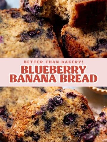 Blueberry banana bread pinterest pin with text overlay.