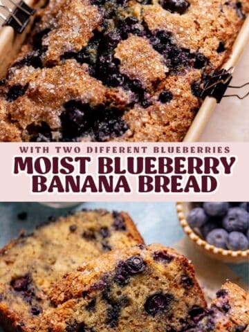 Blueberry banana bread pinterest pin with text overlay.