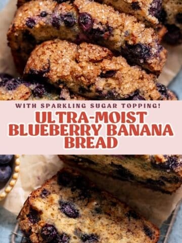 Blueberry banana bread pinterest pin with text overlay.
