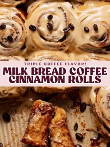 Coffee cinnamon roll pinterest graphic with text overlay.