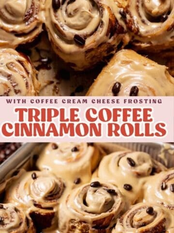 Coffee cinnamon roll pinterest graphic with text overlay.