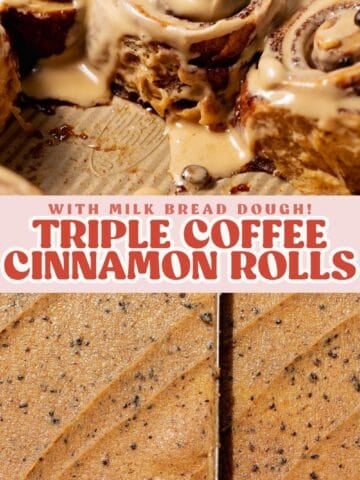 Coffee cinnamon roll pinterest graphic with text overlay.
