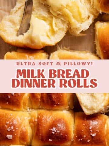 Soft milk bread dinner rolls pulled apart with melted butter inside showing fluffy, pillowy texture.