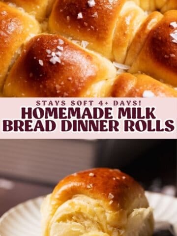 Homemade milk bread dinner roll on a plate with soft, airy crumb and glossy golden top.