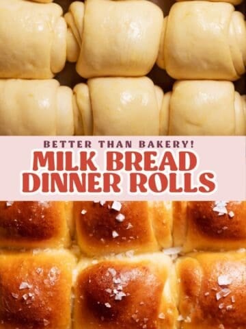 Milk bread dinner rolls before and after baking showing smooth dough and golden, fluffy baked rolls.