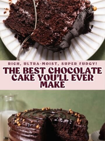 Chocolate cake pinterest pin with text overlay.