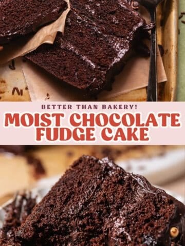 Chocolate cake pinterest pin with text overlay.