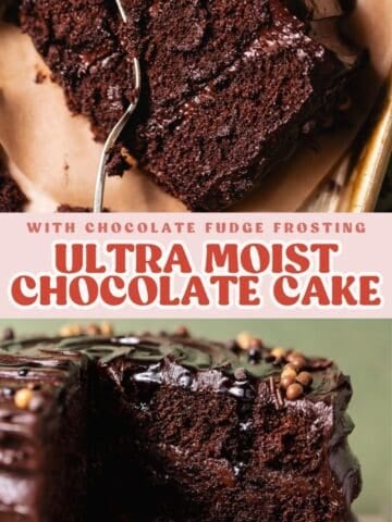 Chocolate cake pinterest pin with text overlay.