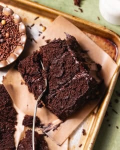 Close-up of a slice of moist chocolate cake with soft crumb and chocolate frosting.