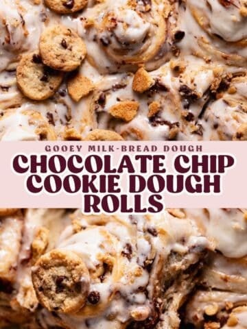 Chocolate chip cookie rolls pinterest pin with text overlay.