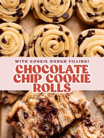 Chocolate chip cookie rolls pinterest pin with text overlay.