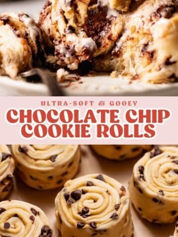 Chocolate chip cookie rolls pinterest pin with text overlay.