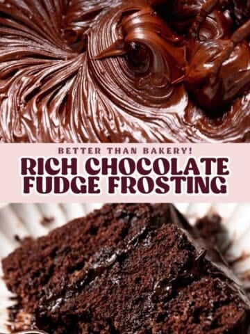 Chocolate fudge frosting pinterest pin with text overlay.