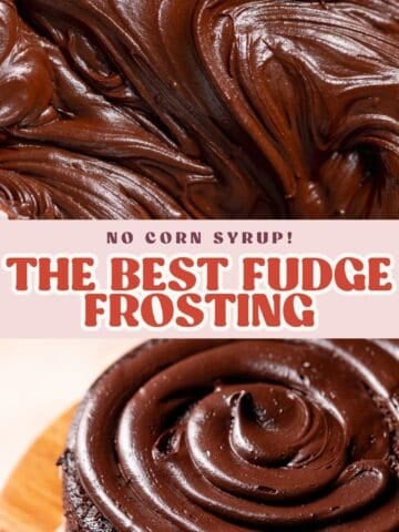Chocolate fudge frosting pinterest pin with text overlay.