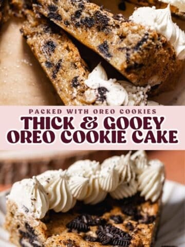 Oreo cookie cake pinterest pin with text overlay.