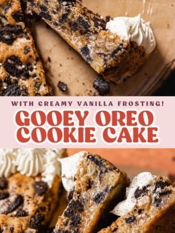 Oreo cookie cake pinterest pin with text overlay.