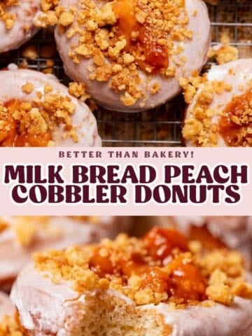 Peach cobbler donut pinterest pin with text overlay.