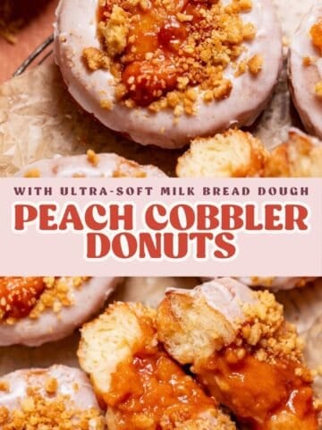 Peach cobbler donut pinterest pin with text overlay.
