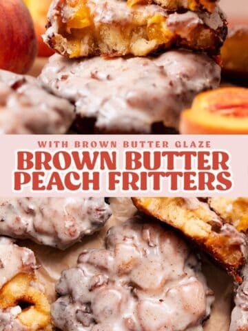 Peach fritter pinterest pin with text overlay.