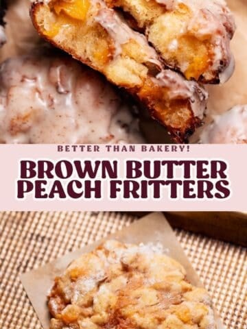 Peach fritter pinterest pin with text overlay.