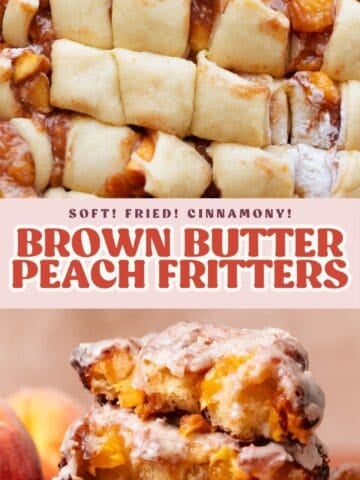 Peach fritter pinterest pin with text overlay.