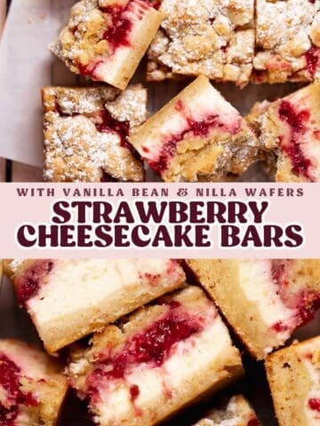 Strawberry cheesecake bars with vanilla bean and Nilla wafer crust Pinterest pin with text overlay.