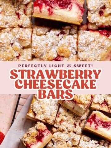 Strawberry cheesecake bars dusted with powdered sugar on a cooling rack Pinterest pin.