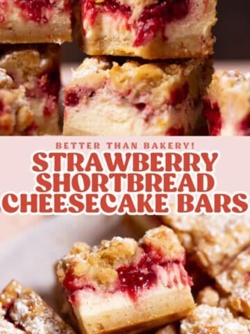 Strawberry shortbread cheesecake bars Pinterest pin with text overlay and strawberry swirl filling.