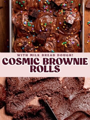 Cosmic brownie roll pinterest pin with text overlay.