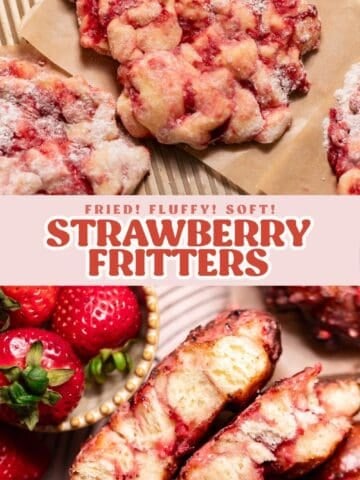 Strawberry fritter pinterest pin with text overlay.