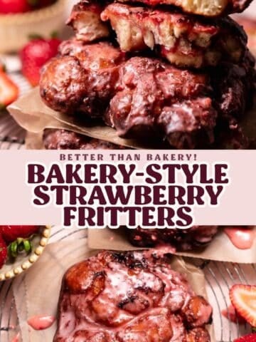 Strawberry fritter pinterest pin with text overlay.