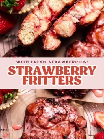 Strawberry fritter pinterest pin with text overlay.
