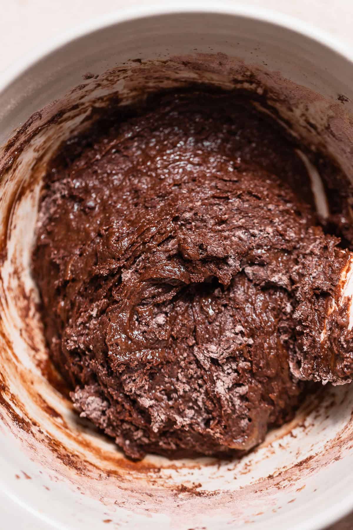 Rich double chocolate cookie dough after mixing the cocoa dough before adding chocolate and toffee.