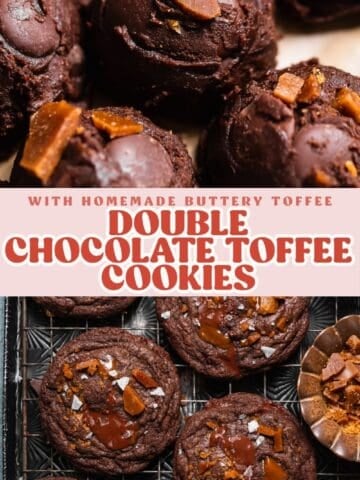 Double chocolate toffee cookie pinterest pin with text overlay.
