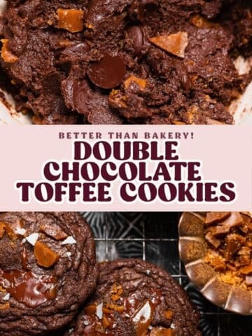 Double chocolate toffee cookie pinterest pin with text overlay.