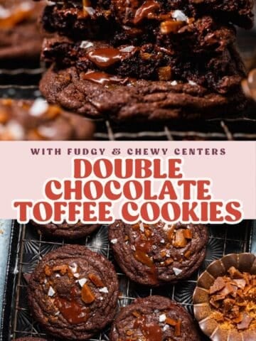 Double chocolate toffee cookie pinterest pin with text overlay.