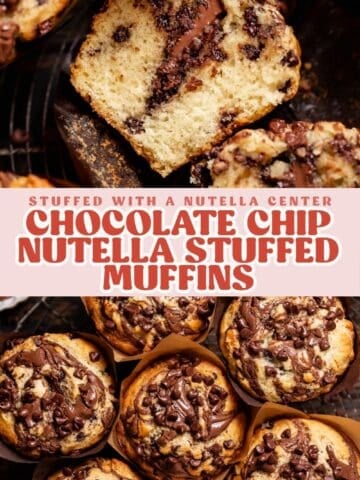 Nutella stuffed muffin pinterest pin with text overlay.