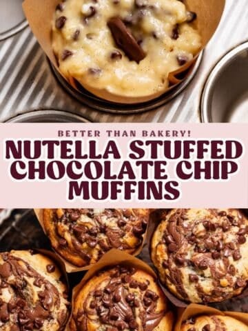 Nutella stuffed muffin pinterest pin with text overlay.