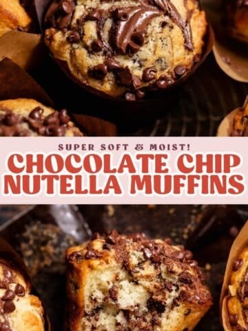 Nutella stuffed muffin pinterest pin with text overlay.