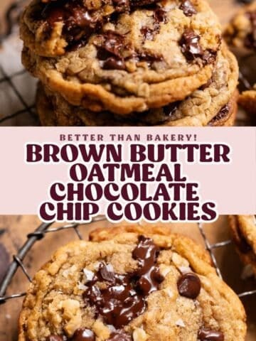 Oatmeal chocolate chip cookie pinterest pin with text overlay.