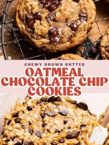 Oatmeal chocolate chip cookie pinterest pin with text overlay.