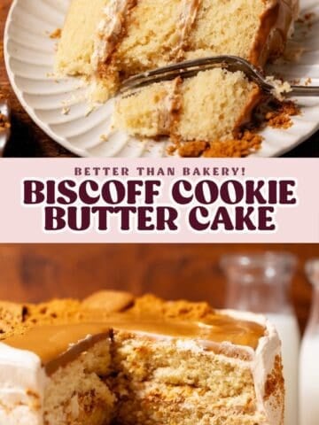 Pinterest graphic showing a slice of Biscoff cake and a cut layer cake filled with cookie butter frosting and Biscoff spread.