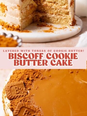 Pinterest graphic for Biscoff cookie butter cake showing a sliced layer cake topped with melted cookie butter and Biscoff cookies.