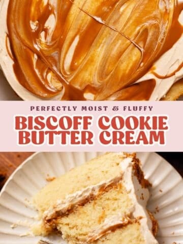 Pinterest graphic showing Biscoff spread swirled over cookie butter frosting and a slice of soft three-layer cake.