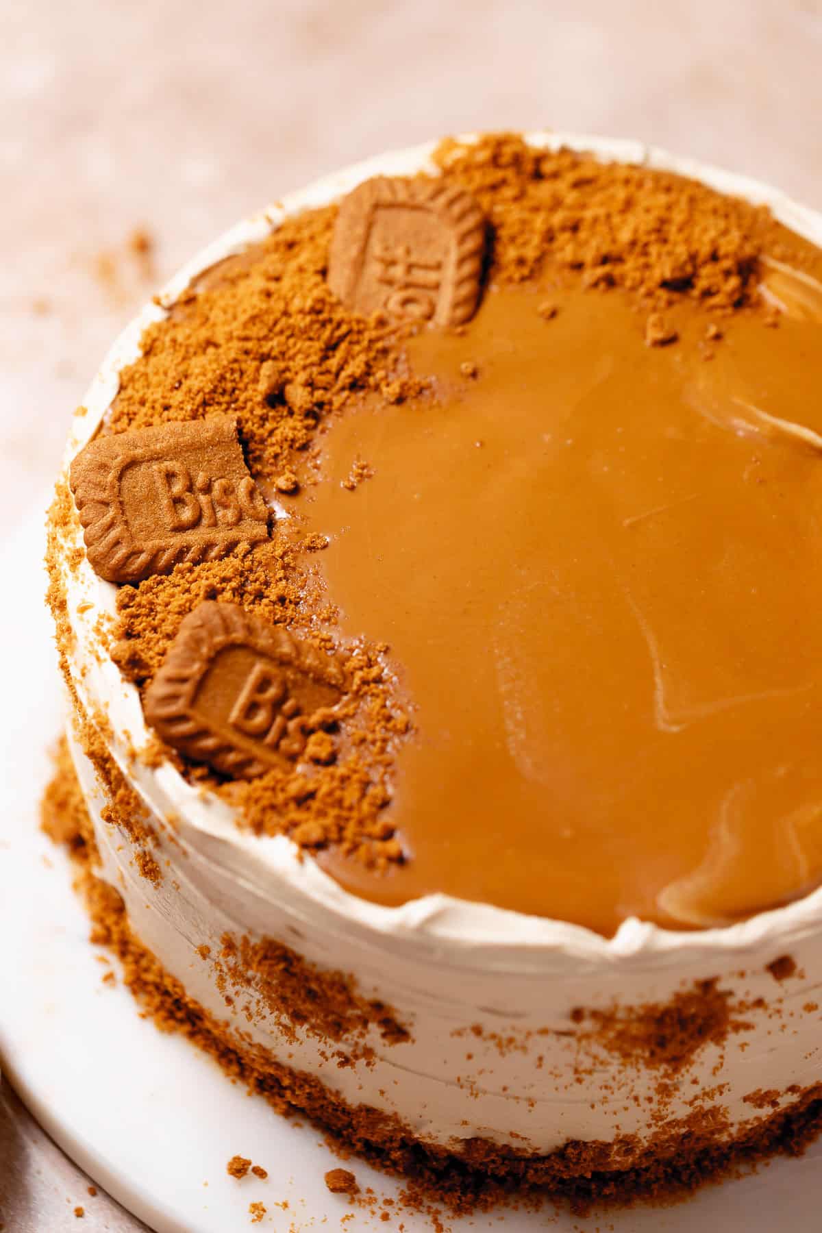 Biscoff cake topped with cookie butter spread, crushed speculoos cookies, and whole Biscoff cookies.