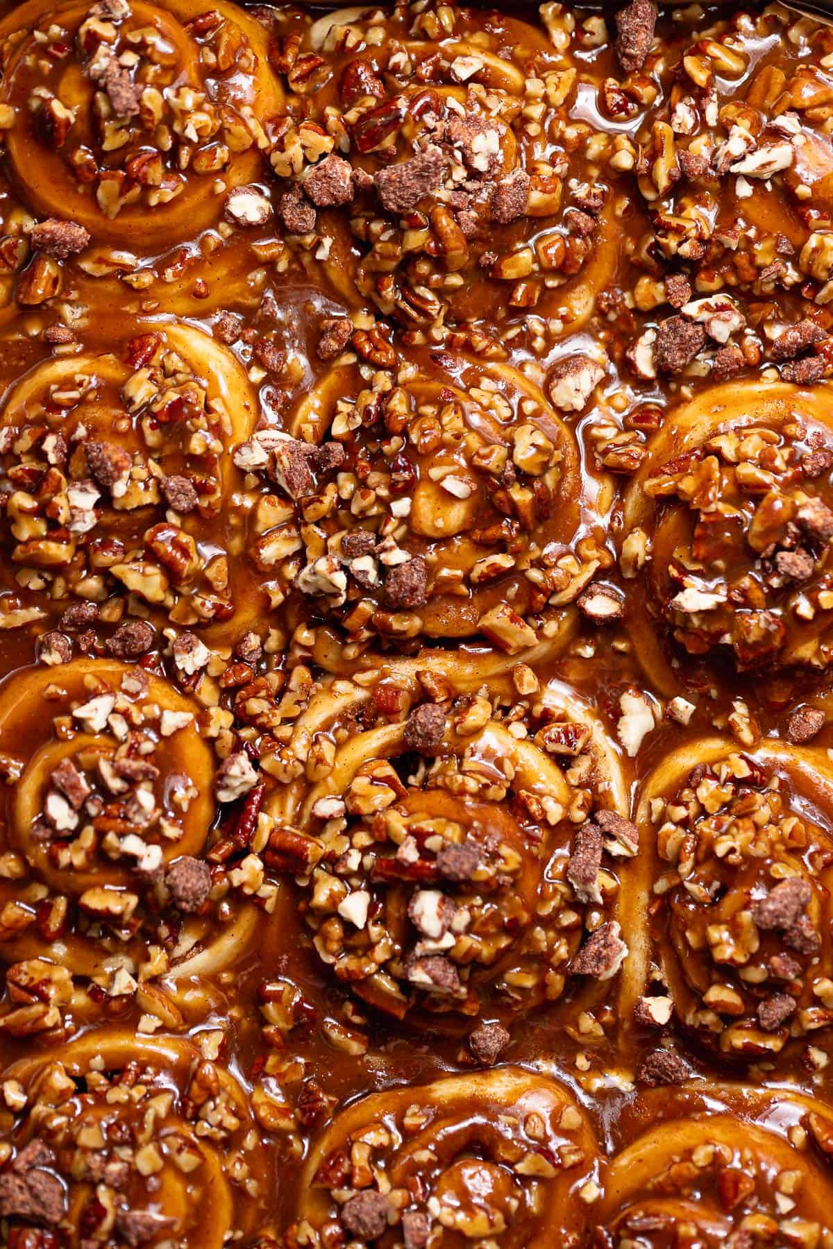 Gooey pecan sticky buns covered in buttery caramel sauce and chopped toasted pecans.