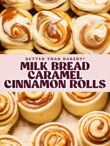 Milk Bread Caramel Cinnamon Rolls Pinterest pin with text overlay.