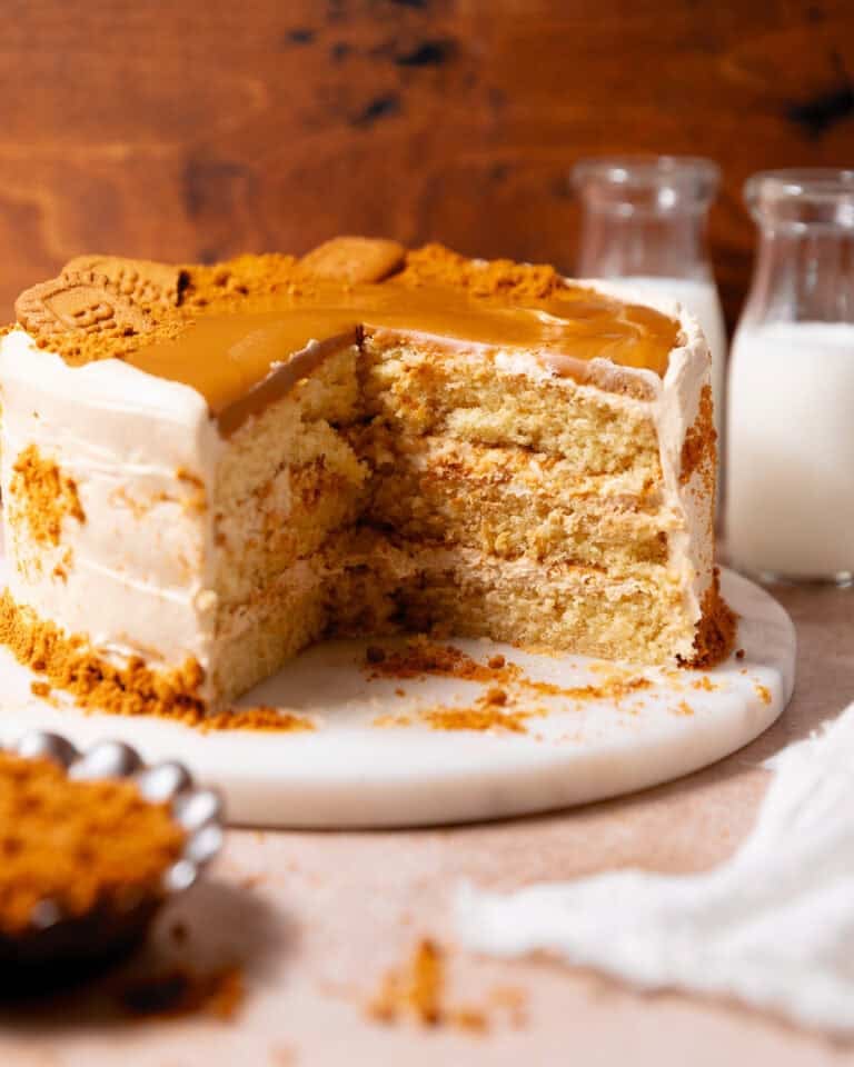 Biscoff layer cake with a large slice removed to show three cake layers and cookie butter frosting inside.
